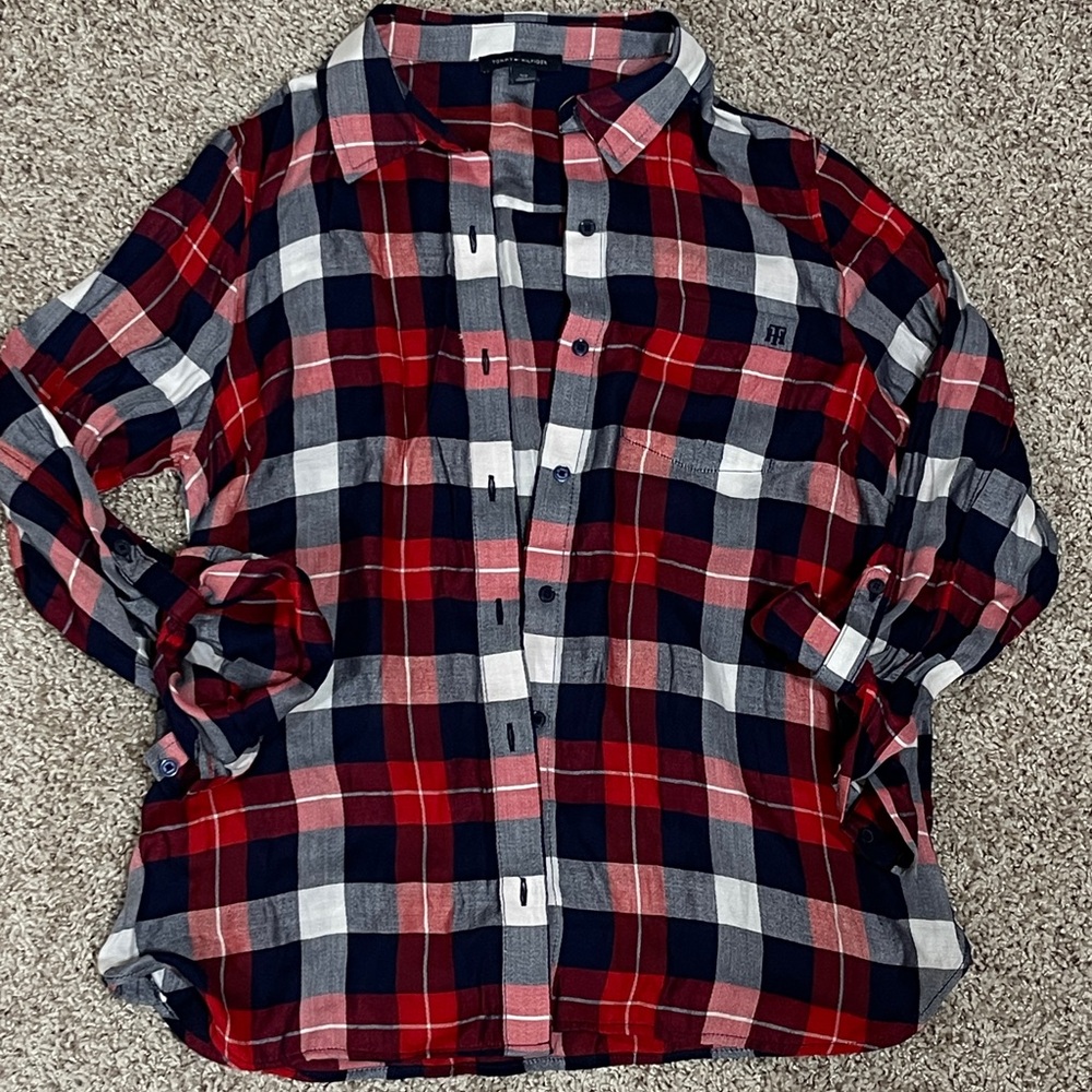 Tommy Hilfiger Red and Blue Plaid Button Up 
Size: Small